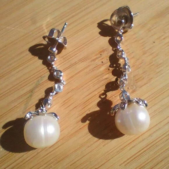HONORA Freshwater White Pearl Earrings With Cubic Zirconia 925 Sterling Silver - Picture 2 of 8